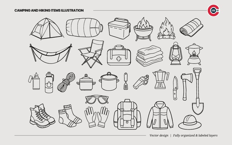 Illustration d'articles de camping et de randonnée
