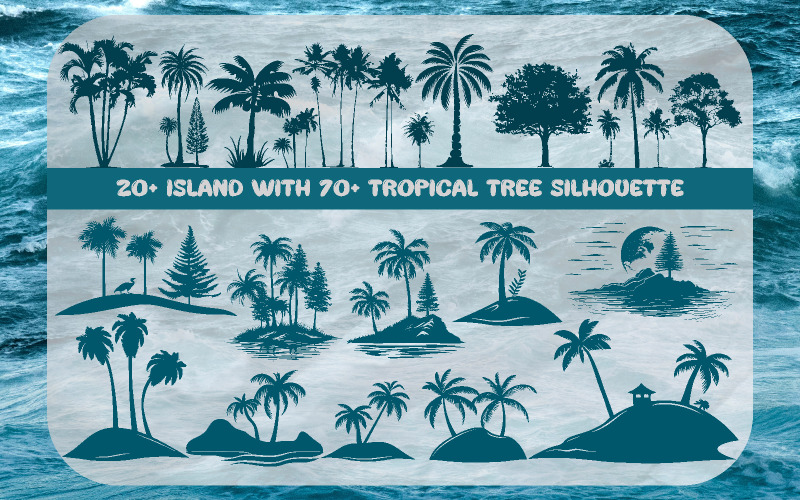 20+ eiland met 70+ tropisch boomsilhouet