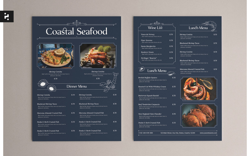 Klasyczne menu restauracji z nadmorskimi owocami morza