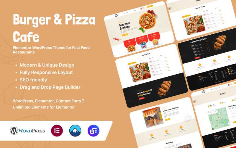 Burger & Pizza Cafe - Elementor WordPress-tema för snabbmatsrestauranger