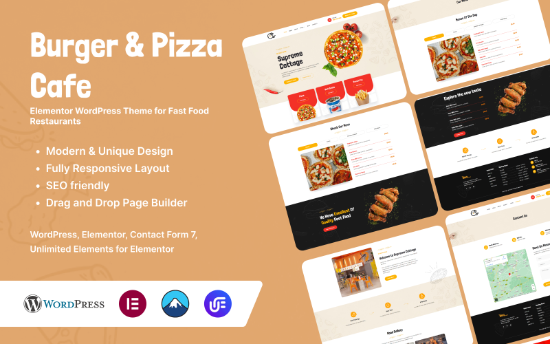 Burger & Pizza Cafe – Elementor WordPress téma gyorséttermek számára