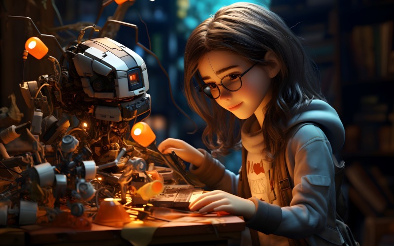 3D-personage Kindmeisje Robotica met relevante omgeving 3