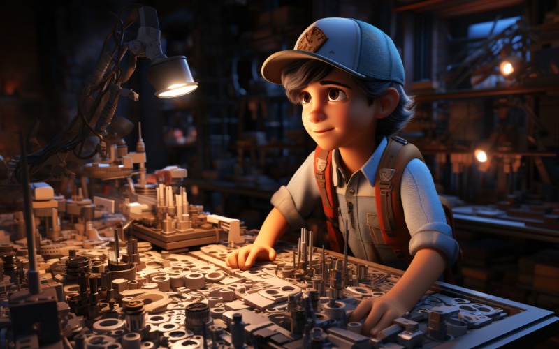 3D-Charakter, Kind, Junge, Ingenieur, mit, relevant, umgebung, 2