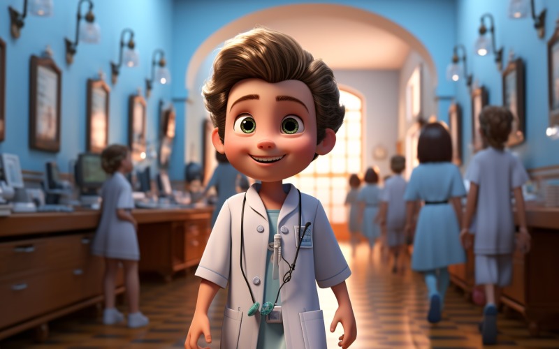 3D pixar postava Dětský chlapec Zdravotní sestra s příslušným prostředím 1.