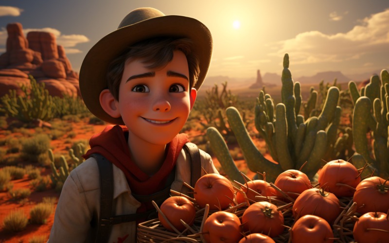 3D postava Child Boy Farmer s příslušným prostředím 1