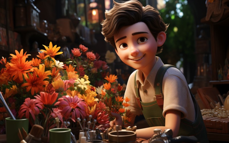 3D-Charakter, Junge, Florist mit entsprechender Umgebung 3