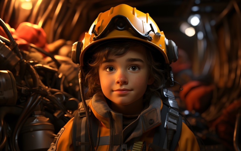 3D-karaktär Barnpojke Brandman med relevant miljö 2