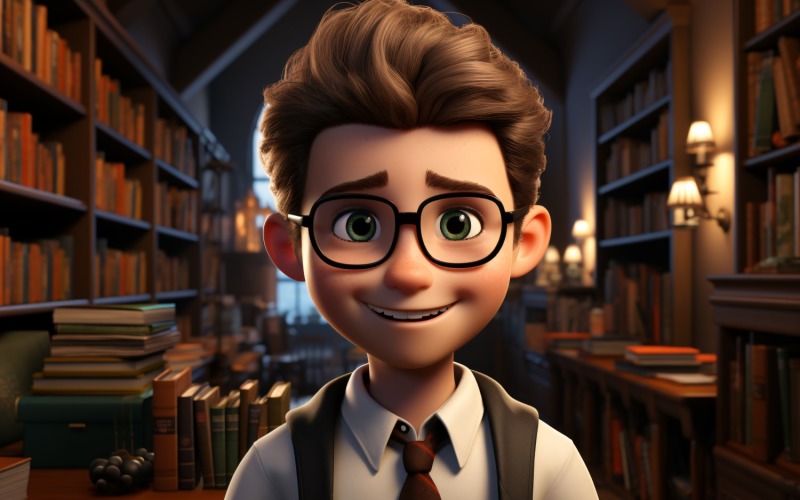 3D karakter gyerek fiú könyvtáros megfelelő környezettel 3