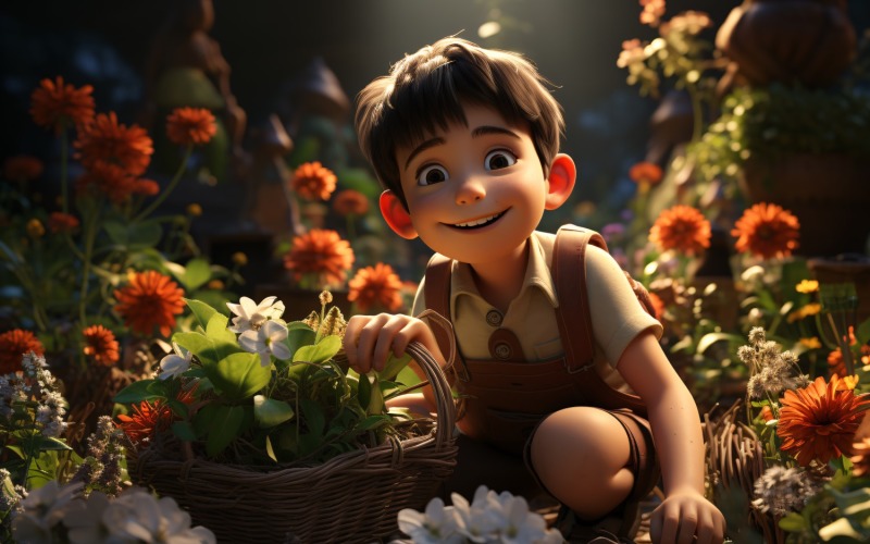 Тривимірний персонаж Дитина Хлопчик-садівник із відповідним середовищем 3