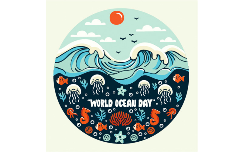 带有海洋生物插图的世界海洋日海报