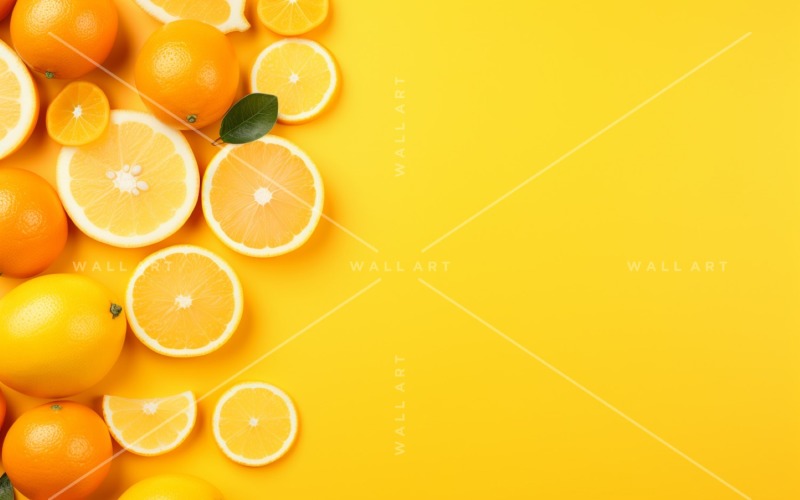 Citrus Fruits Background flat lay on yellow Background 28