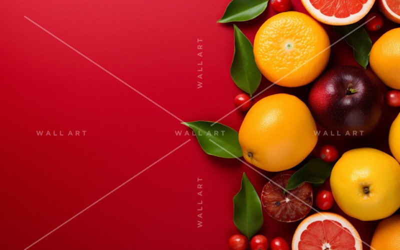 Fondo de frutas cítricas plano sobre fondo rojo 33