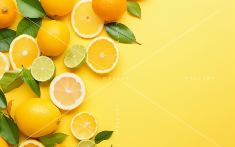 Fundo de frutas cítricas plano sobre fundo amarelo 27