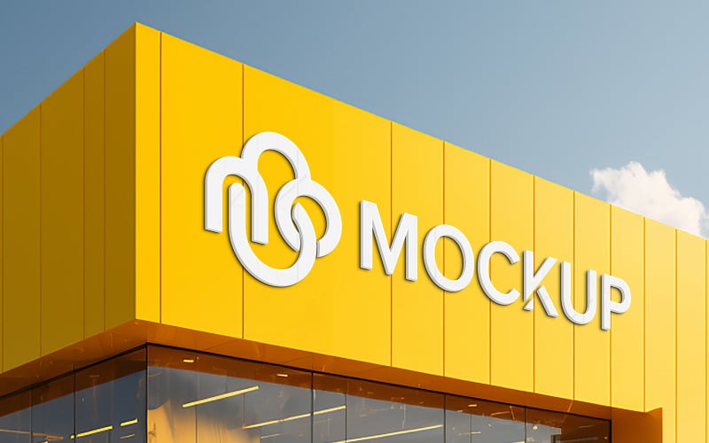 White 3d logo mockup on yellow facade sign realistic