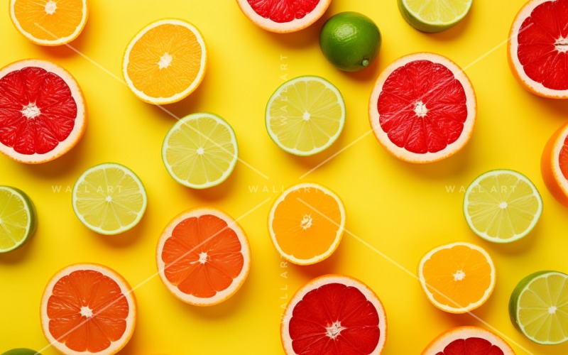 Citrus Fruits Background flat lay on yellow Background 48