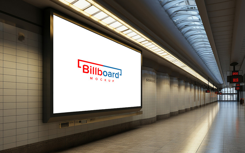 Cartellone bianco mock up in un interno sotterraneo della stazione della metropolitana psd