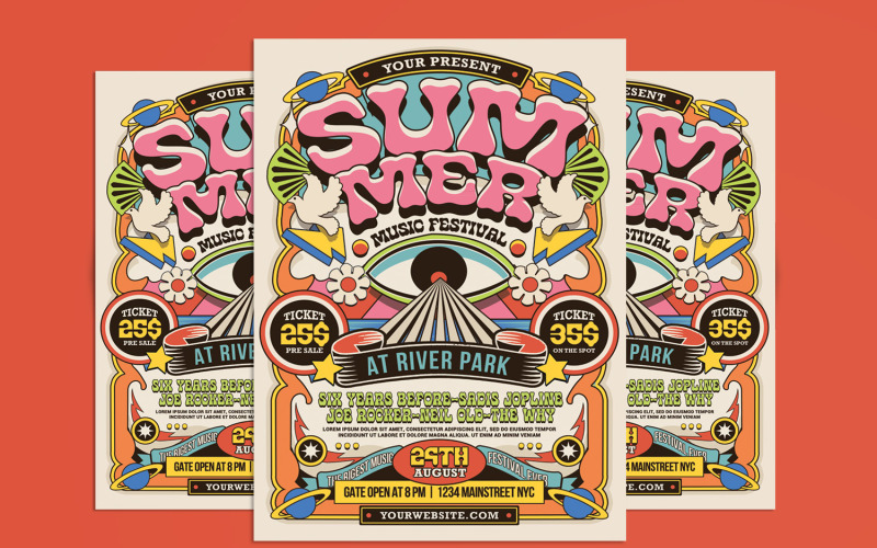 Modèle de flyer du festival de musique d'été rétro des années 70
