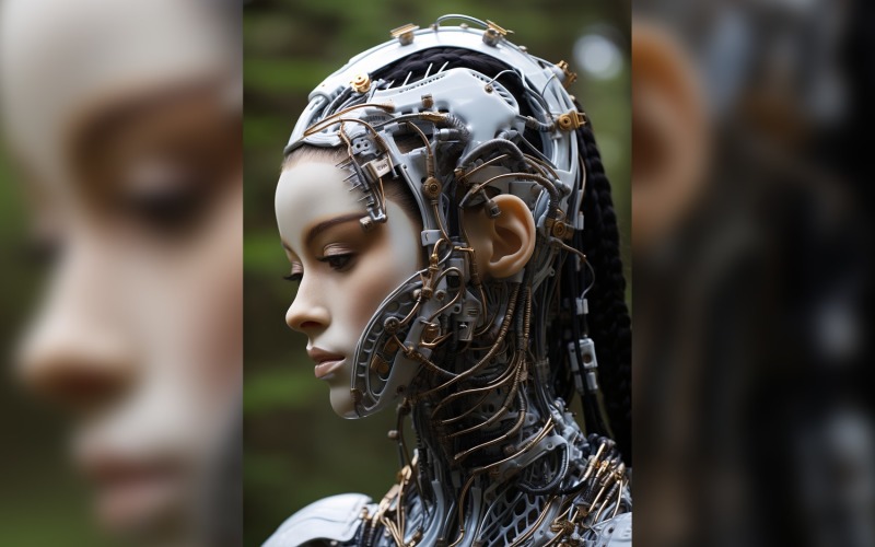 Close-up antropomorfo robot femminile futuristico Cyberpunk 120