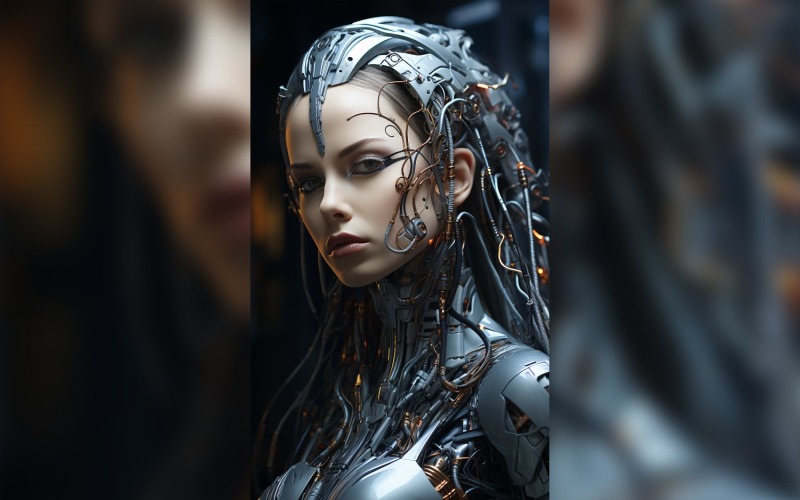 Közeli antropomorf, futurisztikus női robot Cyberpunk 94