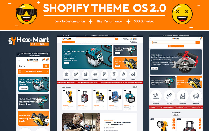 Hexmart - Negozio di strumenti e attrezzature per l'edilizia E-commerce multiuso Tema Clean Shopify 2.0