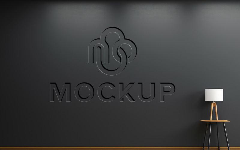 Макет розкішного чорного офісного логотипу на стіні в приміщенні з ефектом тиснення