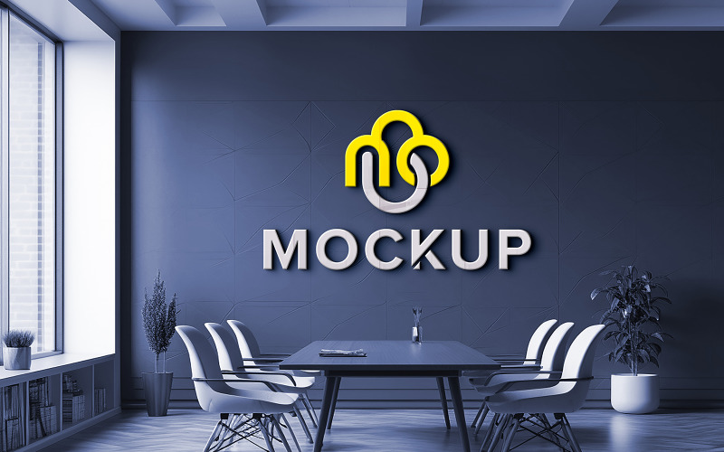 Mockup realistico del logo della sala riunioni dell'ufficio minimalista da parete con logo 3d