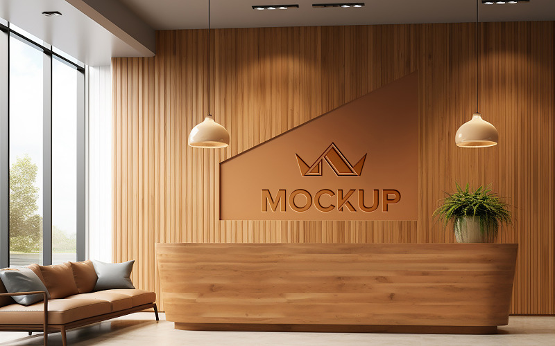 Maquette de logo de luxe sur un mur en bois marron et une réception de l'hôtel psd