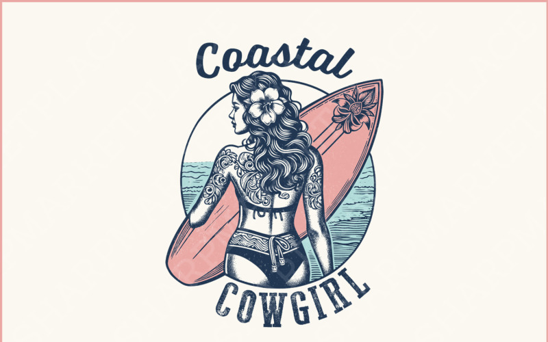 Retro Coastal Cowgirl PNG, Sublimación Vintage Surf Girl, Camiseta Boho Western Surfboard, Playa