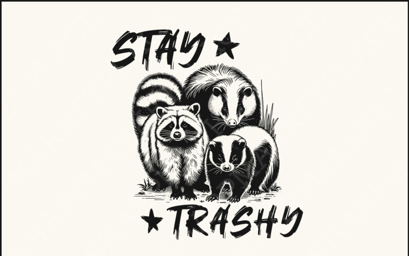 Stay Trashy PNG, Funny Raccoon Opossum Skunk, Diseño de animales retro, Camiseta de Raccoon Squad
