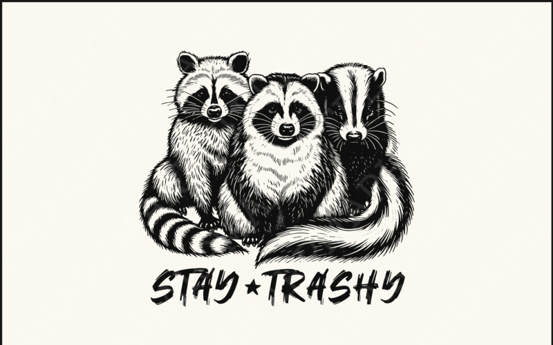 Stay Trashy PNG, Lustiger Waschbär Opossum Skunk, Retro Tier Design, Waschbär Humorvolles T-Shirt