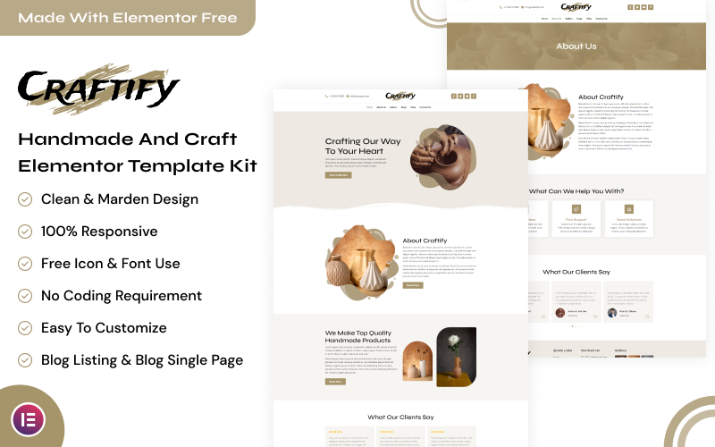 Craftify - Kit de modèles Elementor pour sites Web artisanaux et faits à la main