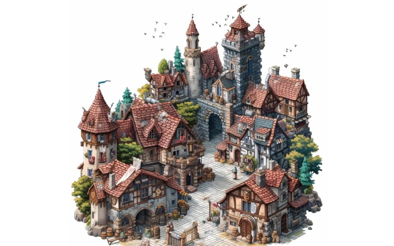 Drukke middeleeuwse stad Set videogames-items Sprite Sheet 3