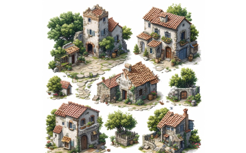 Occupata città medievale Set di risorse per videogiochi Sprite Sheet 9