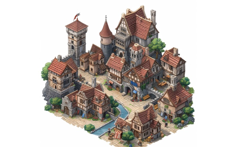 Ocupada ciudad medieval Conjunto de activos de videojuegos Sprite Sheet 4