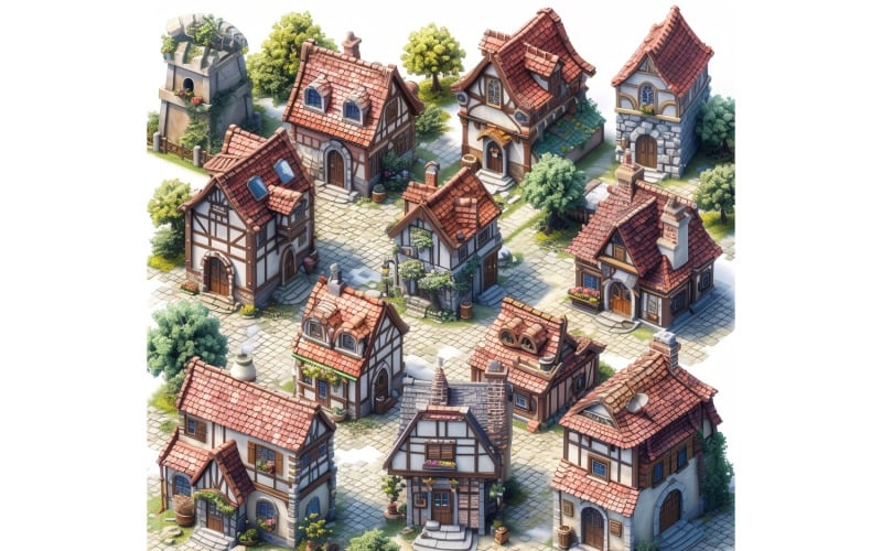 Tętniące życiem średniowieczne miasto Zestaw zasobów gier wideo Arkusz sprite 8