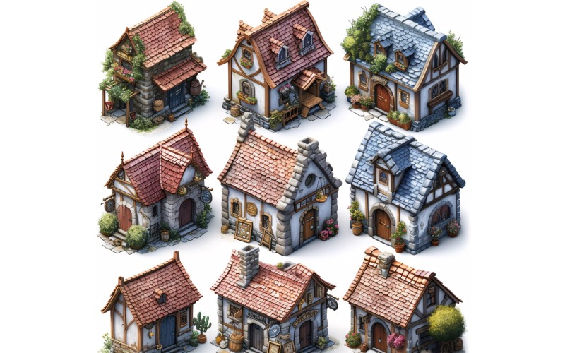 Fantasy Buildings Videojáték-eszközök készlete Sprite Sheet 15