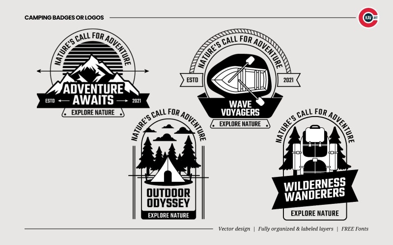 Badges of embleemlogo's voor kampeer- en bosavontuur