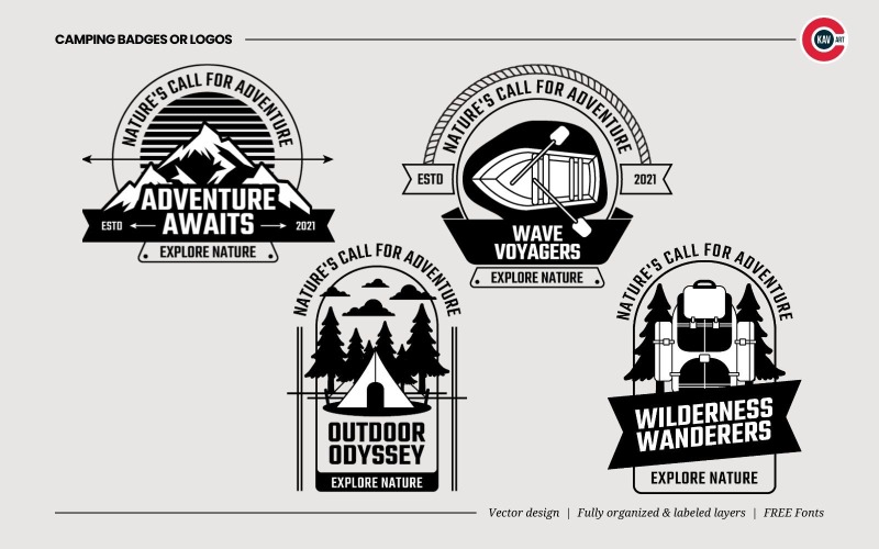 Distintivi o loghi emblema per campeggio e avventure nella foresta