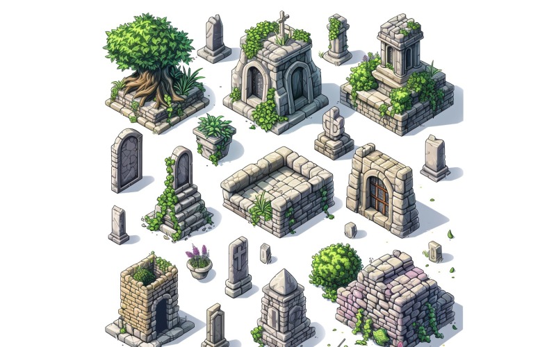 Graveyard-Set mit Videospiel-Assets, Sprite Sheet 03