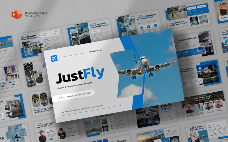 Justfly — szablon Powerpoint dotyczący lotnictwa linii lotniczych