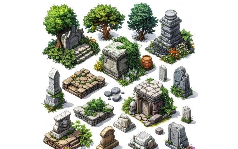 Kloster mit Friedhof Set mit Videospiel-Assets Sprite Sheet 3