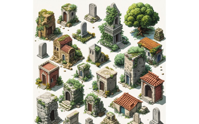 Kloster mit Friedhof Set von Videospiel-Assets Sprite Sheet 02