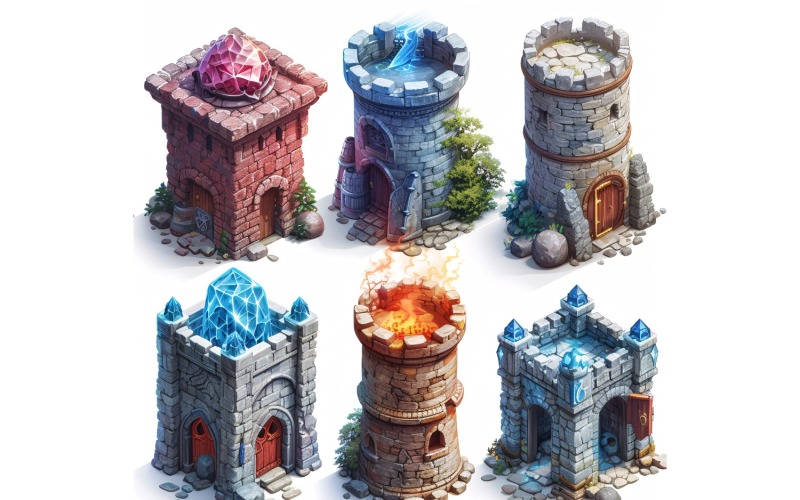 Magische torens met verlichting Set videogames-items Sprite Sheet 3