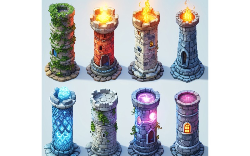 Magische torens met verlichting Set videogames-items Sprite Sheet 4