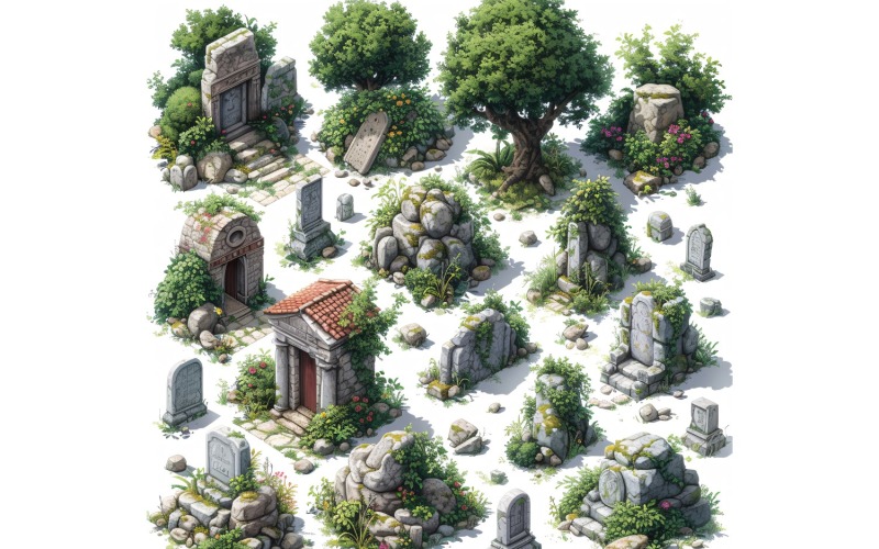 Монастырь с кладбищем. Набор спрайтов для видеоигр. Лист 03.