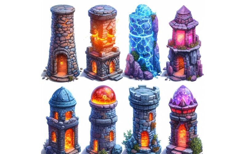 Torres Mágicas com Iluminação Conjunto de Folha de Sprite de Ativos de Videogames 1