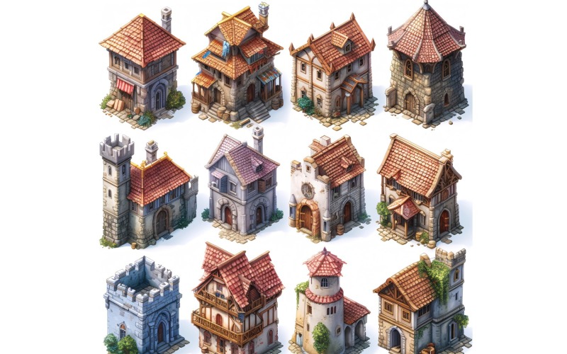 Fantasy Buildings Videojáték-eszközök készlete Sprite Sheet 243