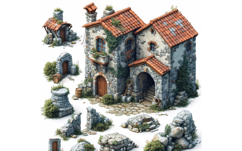 Fantasy Buildings Videojáték-eszközök készlete Sprite Sheet 249