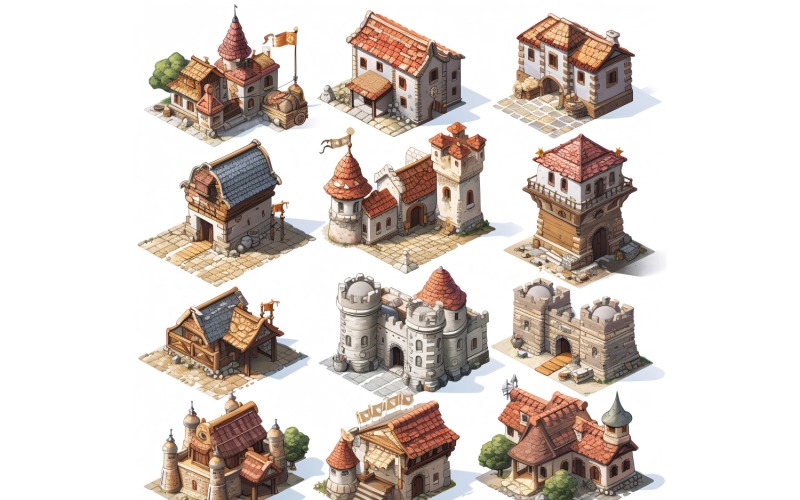 Fantasy-Gebäude-Set aus Videospiel-Assets Sprite Sheet 01