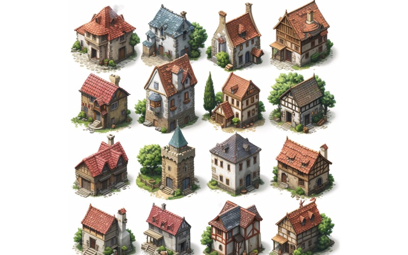 Fantasy-Gebäude-Set aus Videospiel-Assets, Sprite Sheet 238